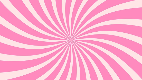 Strawberry candy rays background. Vector delightful pink ice cream wallpaper with swirl pattern. Milk twist backdrop or ornament, resembling lollipop and caramel sweet confection with spiral whirlpool