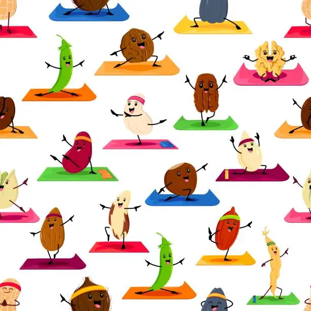 Vector illustration of Cartoon nut and bean characters seamless pattern