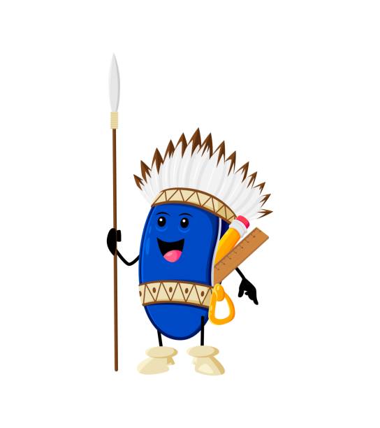 Cartoon pencil case school supply native american Cartoon pencil case school supply native american character. Isolated vector aboriginal indian personage in tribal cherokee costume. Wild west student item wear feather headband holding spear in hand cherokee clip art stock illustrations