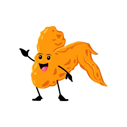 Cartoon cheerful chicken wing funny takeaway fast food character with a smiling face, and a playful face, ready to add flavor to party. Isolated vector fastfood meal personage with crunchy golden skin