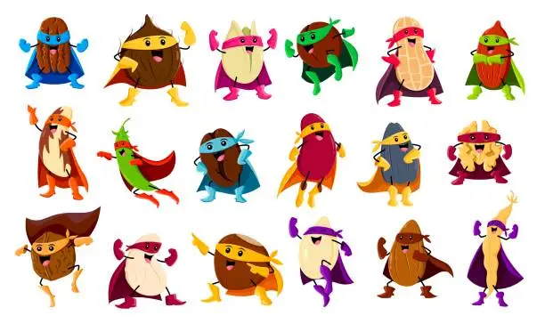 Vector illustration of Cartoon nuts, bean and legume superhero characters