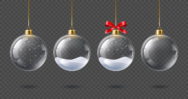 Christmas glass bauble balls realistic isolated 3D Christmas glass bauble balls, realistic isolated 3D vector on transparent background. Realistic glass balls for Christmas and New Year winter holiday, crystal baubles decoration with snow snowflakes christmas ornament stock illustrations