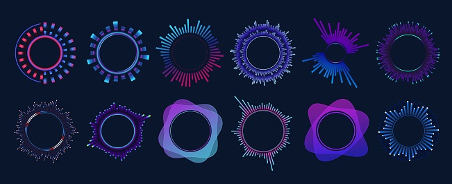 Music equalizers and sound waves. Vector set of radial curves represent variations in air pressure that create audible vibrations in different frequency ranges. Multicolor neon soundwave audio circles