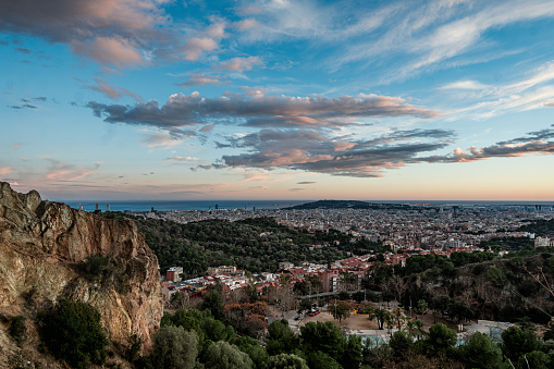 Stunning panoramic view of the city of Barcelona from the Creueta del Coll hill viewpoint, which gives its name to the park of the same name located in the urban district of Gracia.