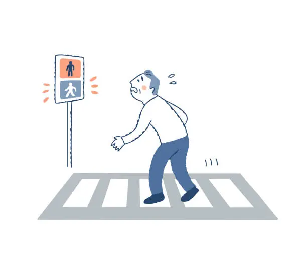 Vector illustration of A senior man who cannot cross a crosswalk with a green light