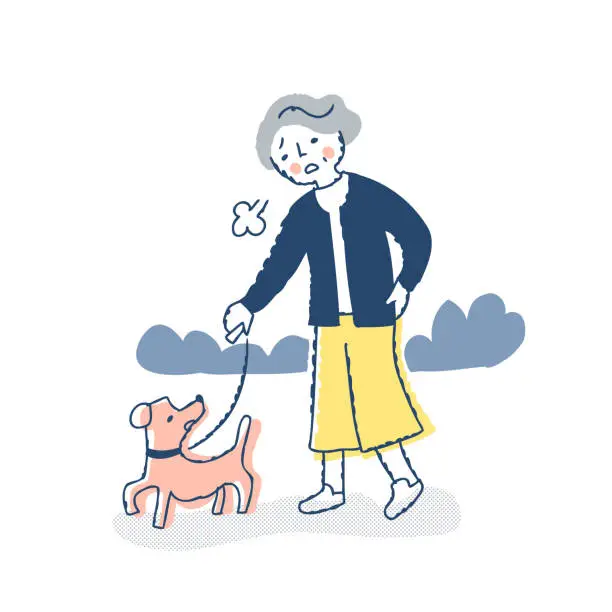 Vector illustration of Senior woman sighs tired while walking her dog