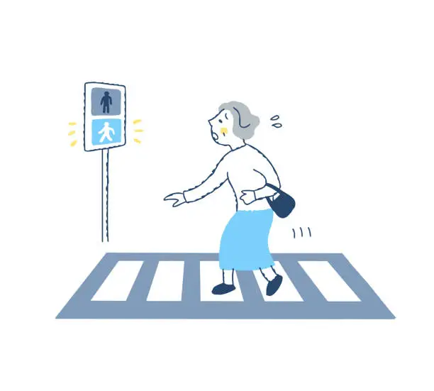 Vector illustration of A senior woman who cannot cross a crosswalk with a green light