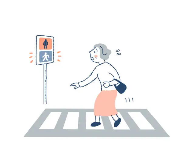 Vector illustration of A senior woman who cannot cross a crosswalk with a green light