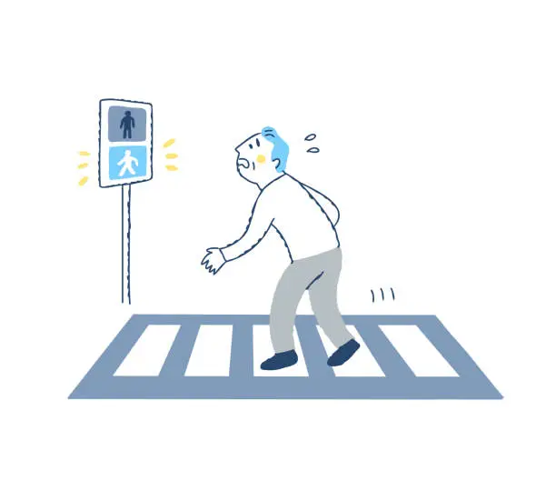 Vector illustration of A senior man who cannot cross a crosswalk with a green light