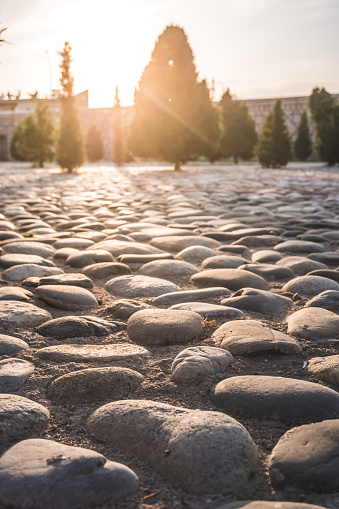 Stone paving stones at sunset in the ancient city of Samarkand in Uzbekistan