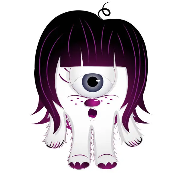 Vector illustration of White one-eyed monster with purple hair on white background. A surprised creature. Cartoon character.