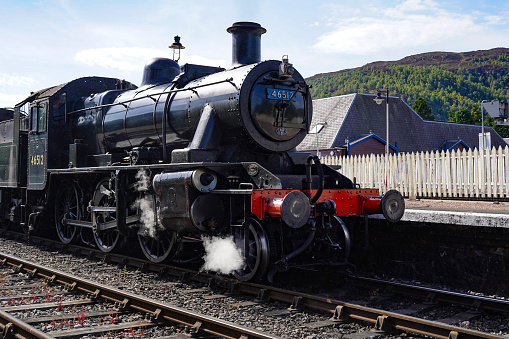 Aviemore, Scotland - September 06 2023: The historic Strathspey railway locomotive at Aviemore station in Scotland. It is a heritage railway that goes from Aviemore to Broomhill.