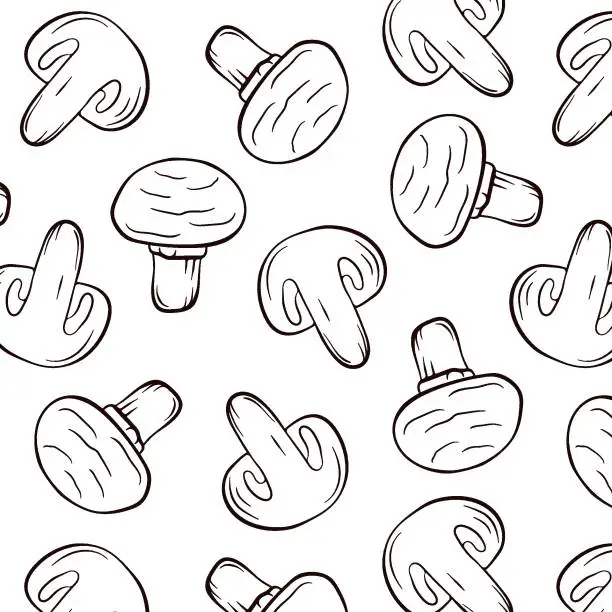 Vector illustration of Seamless pattern of mushrooms champignon in line art style. Decorative backdrop for wallpaper, textile, wrapping, fabric, food store. Vector illustration on a white background.