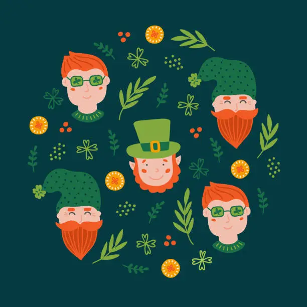 Vector illustration of St. Patrick's Day greeting card with man, leprechaun, leaves, coins