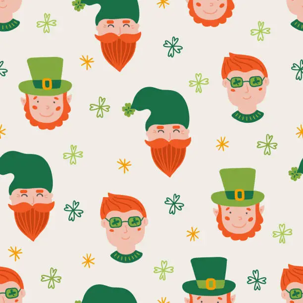 Vector illustration of St.Patrick's Day seamless pattern with shamrocks, man, stars, leprechaun