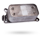 Gearbox heat exchanger - radiator, with metal chrome elements and tubes - detail of a car mechanism on a white isolated background. Replacing the automobile parts. Spare parts catalog.