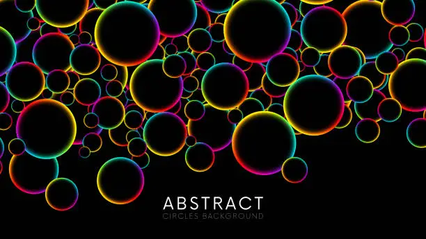 Vector illustration of Colorful rainbow flying glowing circles spheres or bubbles