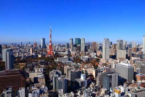 Cityscape of Tokyo with famous Tokyo Tower. It is the capital city of Japan. 37.8 million people live in its metro area.