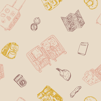Journey seamless pattern. Ornament of trip attributes, luggage, travel accessories. Vector design in engraving style.