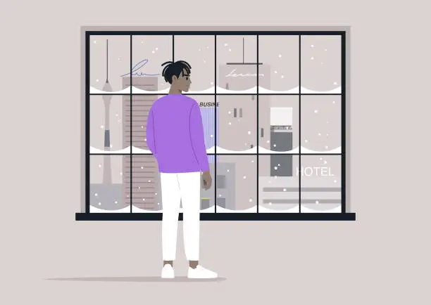 Vector illustration of Urban Observer Contemplating Cityscape, A person gazes out a large window at towering skyscrapers