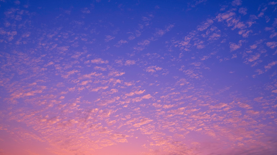 Colorful evening sky background with many fluffy clouds on beautiful romantic pastel pink and blue sunset sky