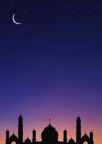 Silhouette Mosque Domes and Crescent Moon with Stars on Night Sky Background in Vertical frame, symbol islamic religion Ramadan and free space for text Eid al-Adha, Eid al-fitr, Mubarak, illustration
