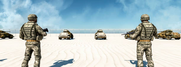 istock Vigilant Sentinels: Soldiers Overseeing Armored Vehicles in a Desert Expanse 2030565601