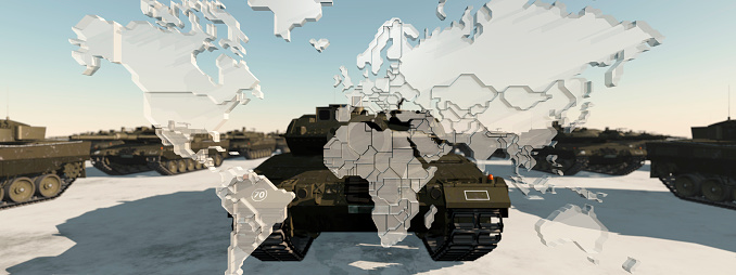 A thought-provoking image of tanks with a world map disintegrating digitally.