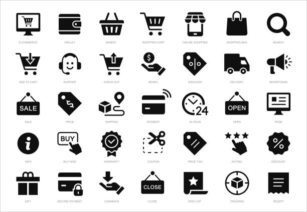 vásárlási és e-kereskedelmi ikonok beállítása. e-kereskedelem, vásárlás, üzlet lapos ikon. e-business és online shopping szimbólumok. vektor - vásárlás témájú stock illusztrációk