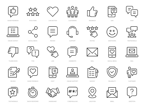 Feedback thin line Icons set. Feedback, Rating, Like, Dislike, Comment editable stroke icon. Vector illustration