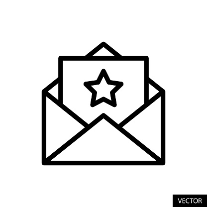 Mail with star symbol, starred emails sign, favorite email vector icon in line style design for website, app, UI, isolated on white background. Editable stroke. EPS 10 vector illustration.