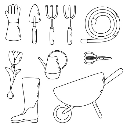 Garden vector set with wheelbarrow, gloves, scissors, shovel, pitchfork, rubber boots, water hose, watering can, tulip. Outline illustration