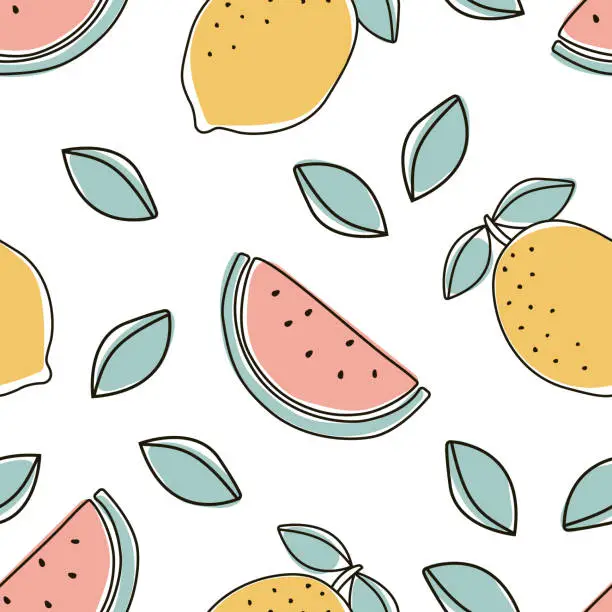 Vector illustration of Cute seamless pattern with lemon and watermelon fruits on a white background. Vector illustration. Cute children's background.