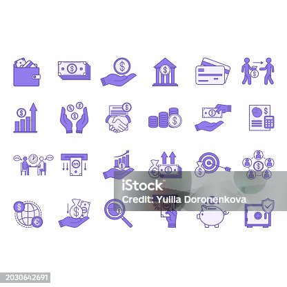 Colored Set of Finance Icons. Vector Icons of Money, Credit Cards, Lender, Increasing Income, Budget, Deposit, Withdrawing Money, Financial Monitoring, Bank, Mutual Fund, and Other