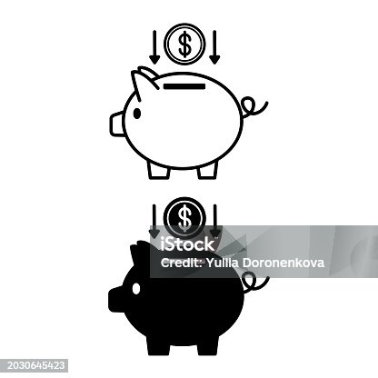 Piggy bank icons. Black and White Vector Icons. Piggy Bank and Dollar Coins. Deposit and Savings. Business and Finance Concept