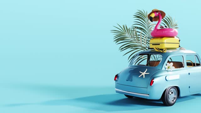 Blue car arriving with travel luggage and pink flamingo on blue background with copy space. Summer travel concept.