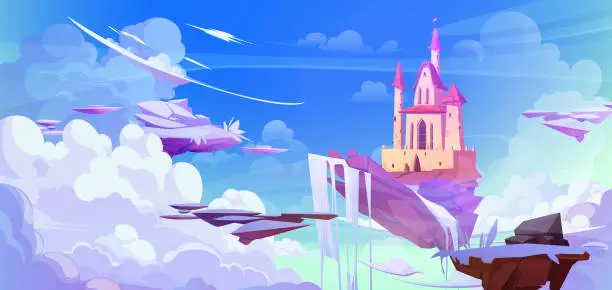 Vector illustration of Fairytale castle on island of ground float in sky