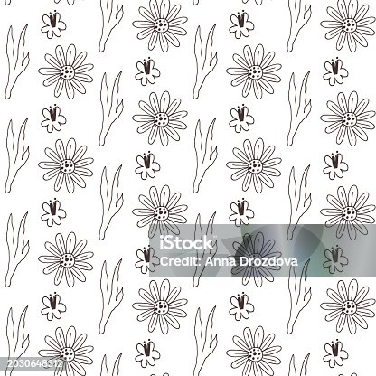 Monochrome botanical flower and leaf seamless pattern