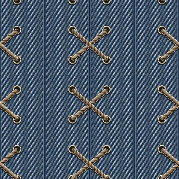 Vector illustration of Seamless pattern with vertical seams, wide stripes of blue denim fabric and crisscross rope lacing. Vintage style. For prints, clothing, t shirt, surface design. Not AI