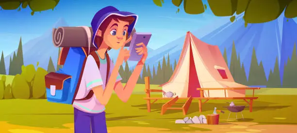 Vector illustration of Teen boy with hiking backpack in forest near tent