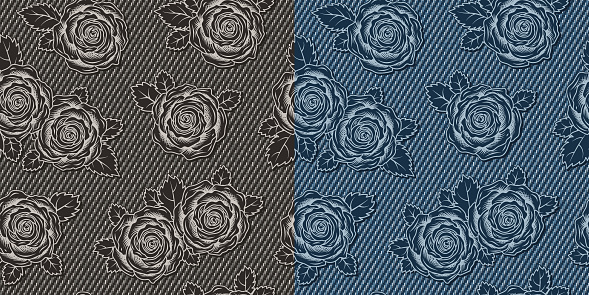 Denim floral seamless patterns with roses flower on blue, gray jeans texture. Monochrome inverted negative illustration in engraved style