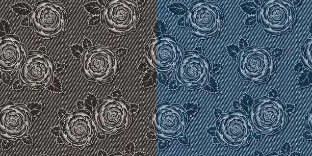 Vector illustration of Denim floral seamless patterns with roses flower on blue, gray jeans texture. Monochrome inverted negative illustration in engraved style