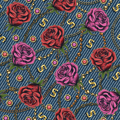 Denim floral seamless pattern with buds of roses. Flowers with golden chains, scattered golden dollar signs on blue jeans texture. For prints, clothing, t shirt, surface design Vintage style