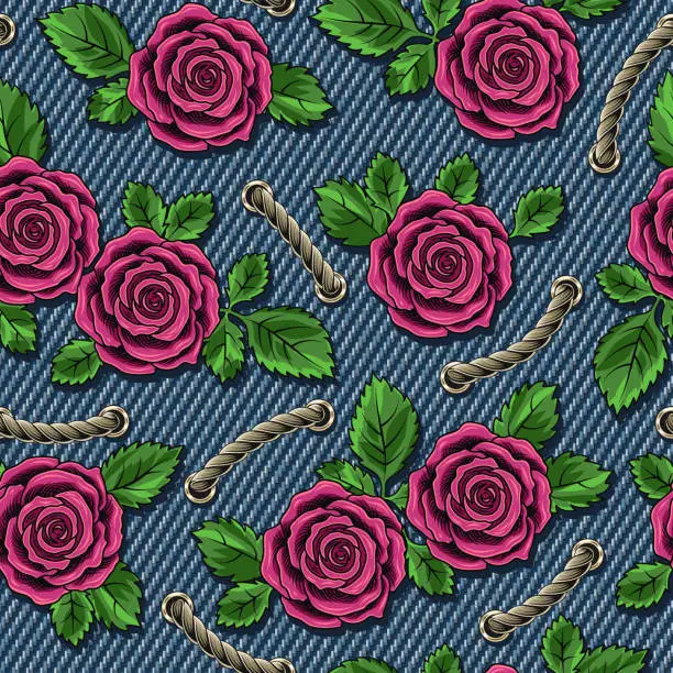 Vector illustration of Denim floral seamless pattern with roses, rope lacing. Lush blooming pink flowers with leaves on blue jeans texture. For prints, clothing, t shirt, surface design Vintage style Not AI