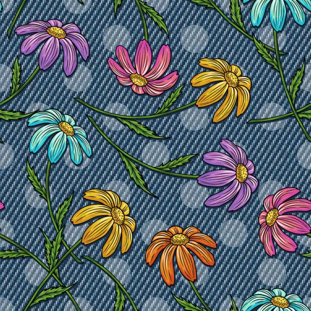 Vector illustration of Summer denim pattern with chamomile, polka dot ornament behind. Blooming flowers with stem on blue jeans texture. Groovy, hippie, naive style for apparel, fabric, textile, design