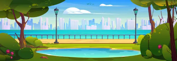 Vector illustration of Summer day on city promenade with lake