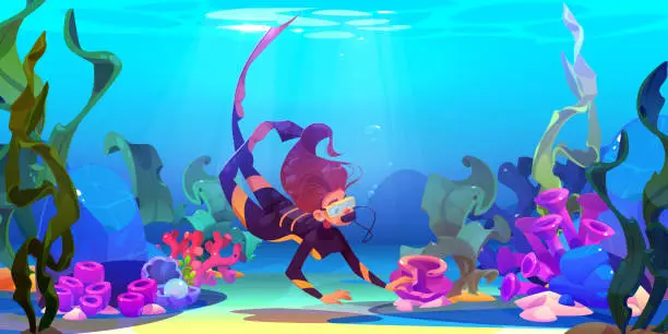 Vector illustration of Scuba diver swims in sea and explores sandy bottom