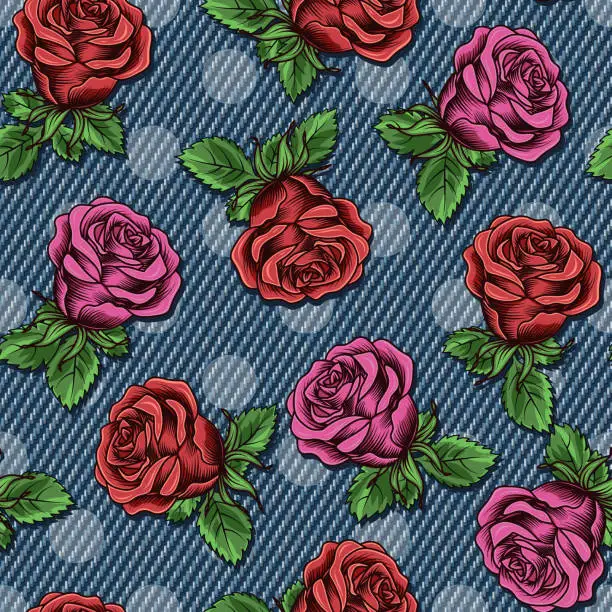 Vector illustration of Denim floral seamless pattern with scattered buds of roses. Lush blooming red, pink flowers on blue jeans texture with polka dot ornament. For prints, clothing, apparel, surface design Vintage style