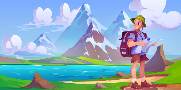 Male tourist with hiking backpack and map in hands stands by lake at foot of mountains with snowy peaks. Cartoon landscape for active outdoors recreation and adventure concept with young hiker man.