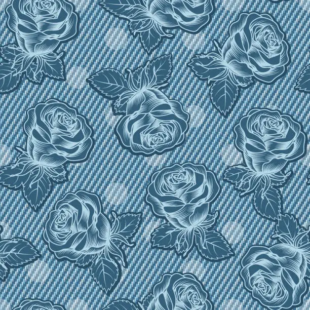 Vector illustration of Denim floral seamless pattern with scattered buds of roses. Lush blooming red, pink flowers on blue jeans texture with polka dot ornament. For prints, clothing, apparel, surface design Vintage style